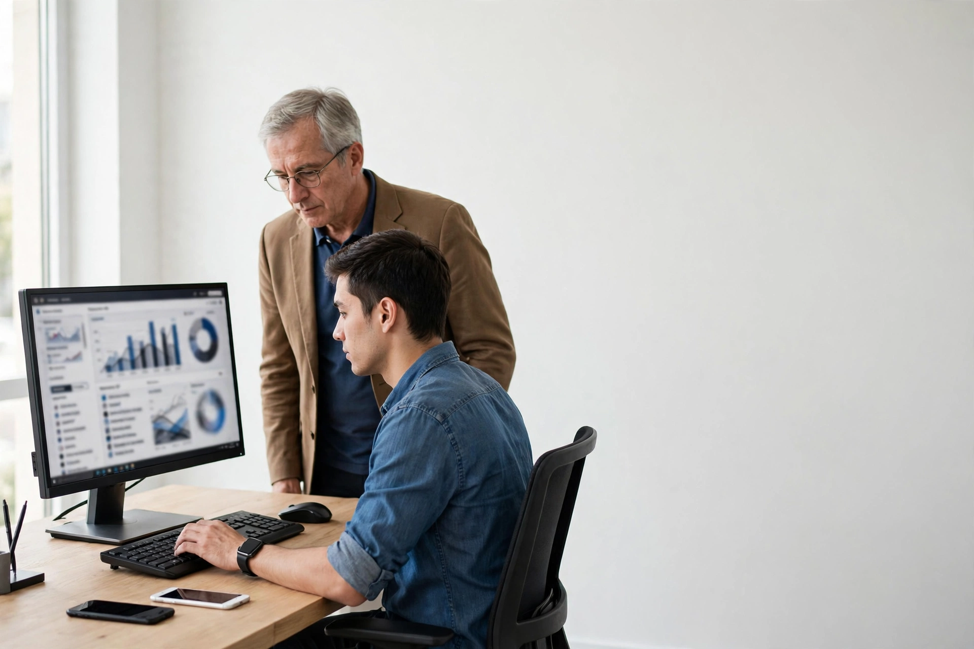 Two colleagues reviewing the SmartHub dashboard at a desk