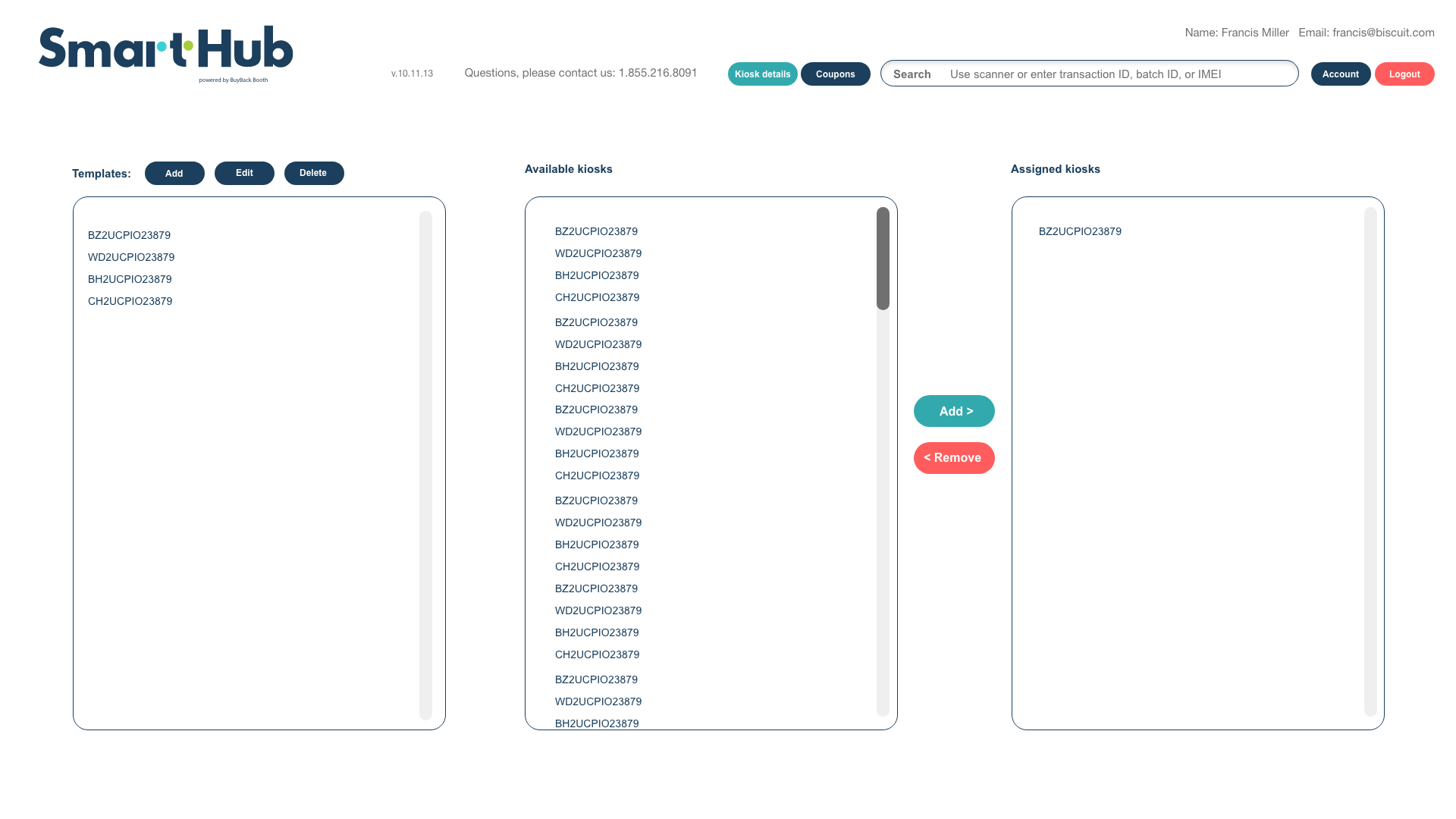 SmartHub fleet and kiosk assignment panels
