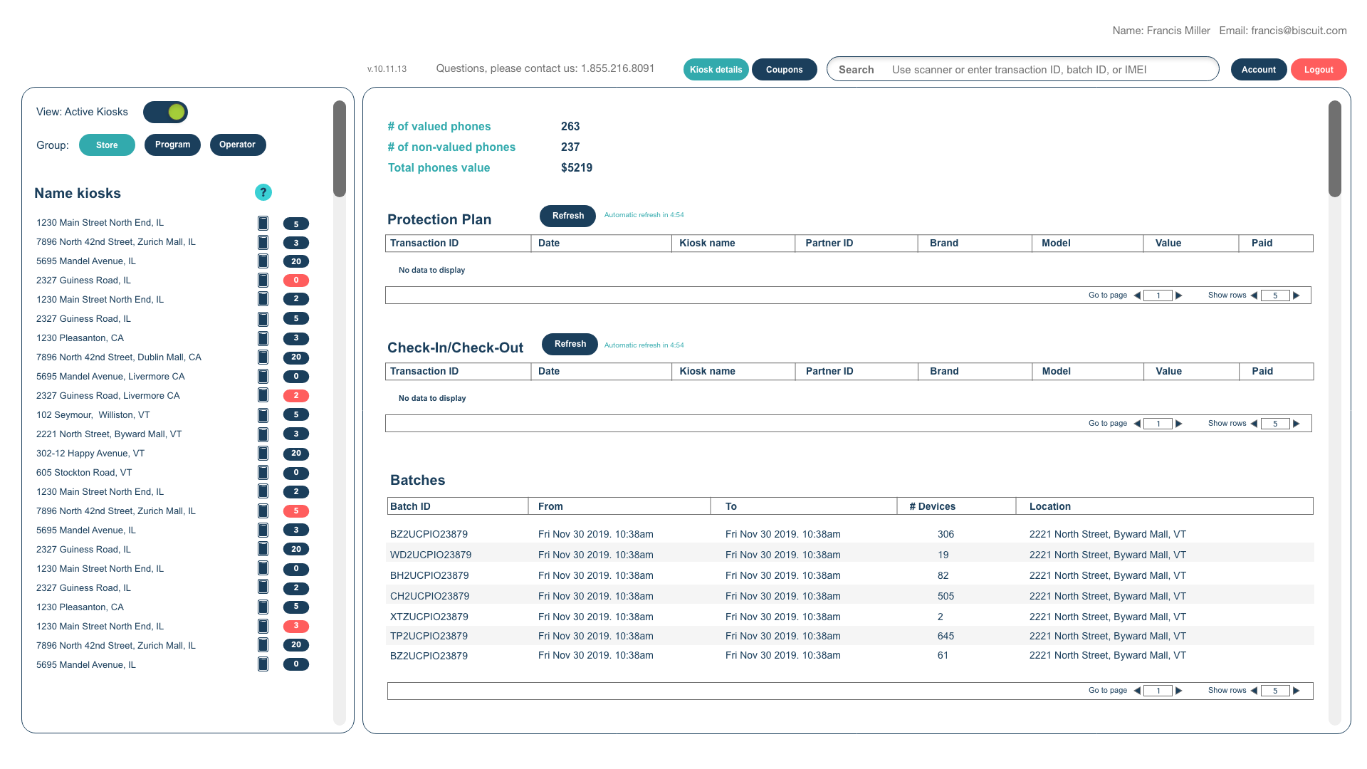 SmartHub dashboard overview with kiosk list and batches
