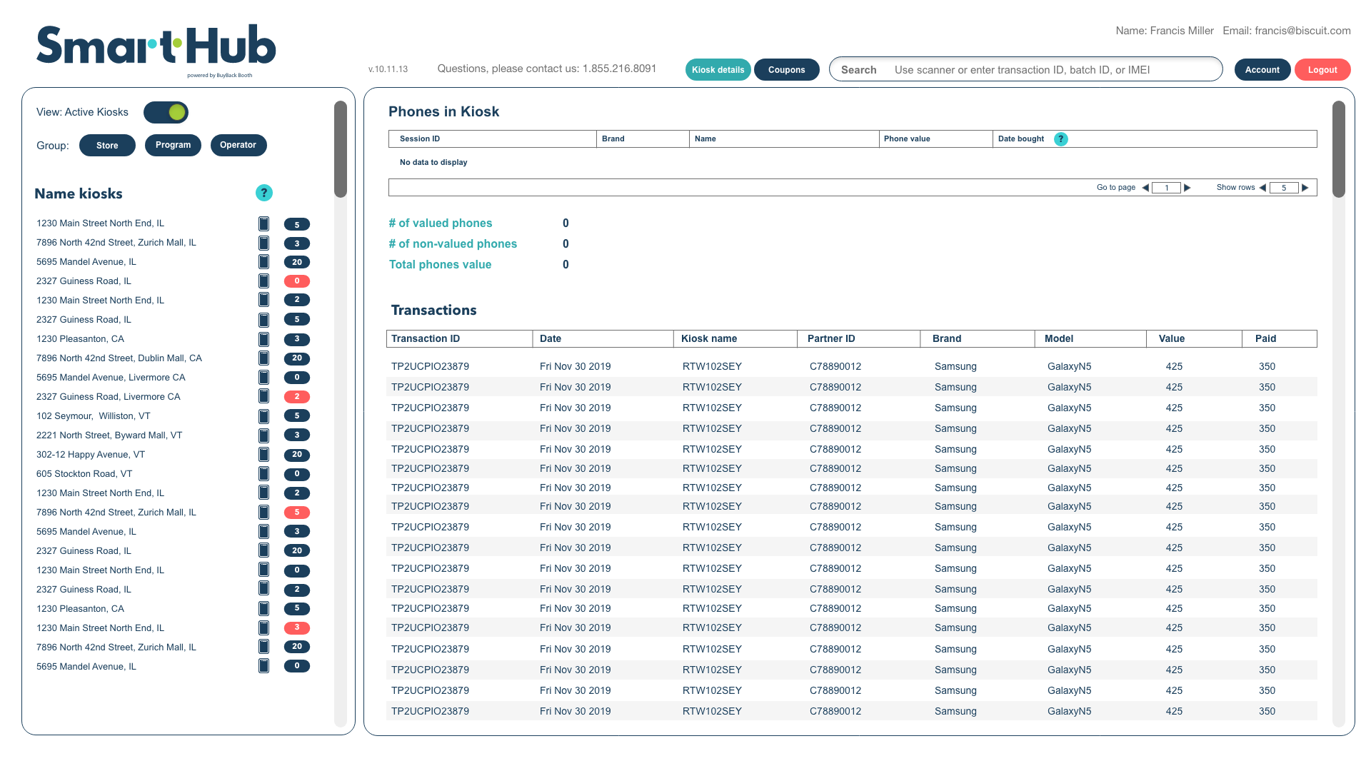 SmartHub transactions table with device values